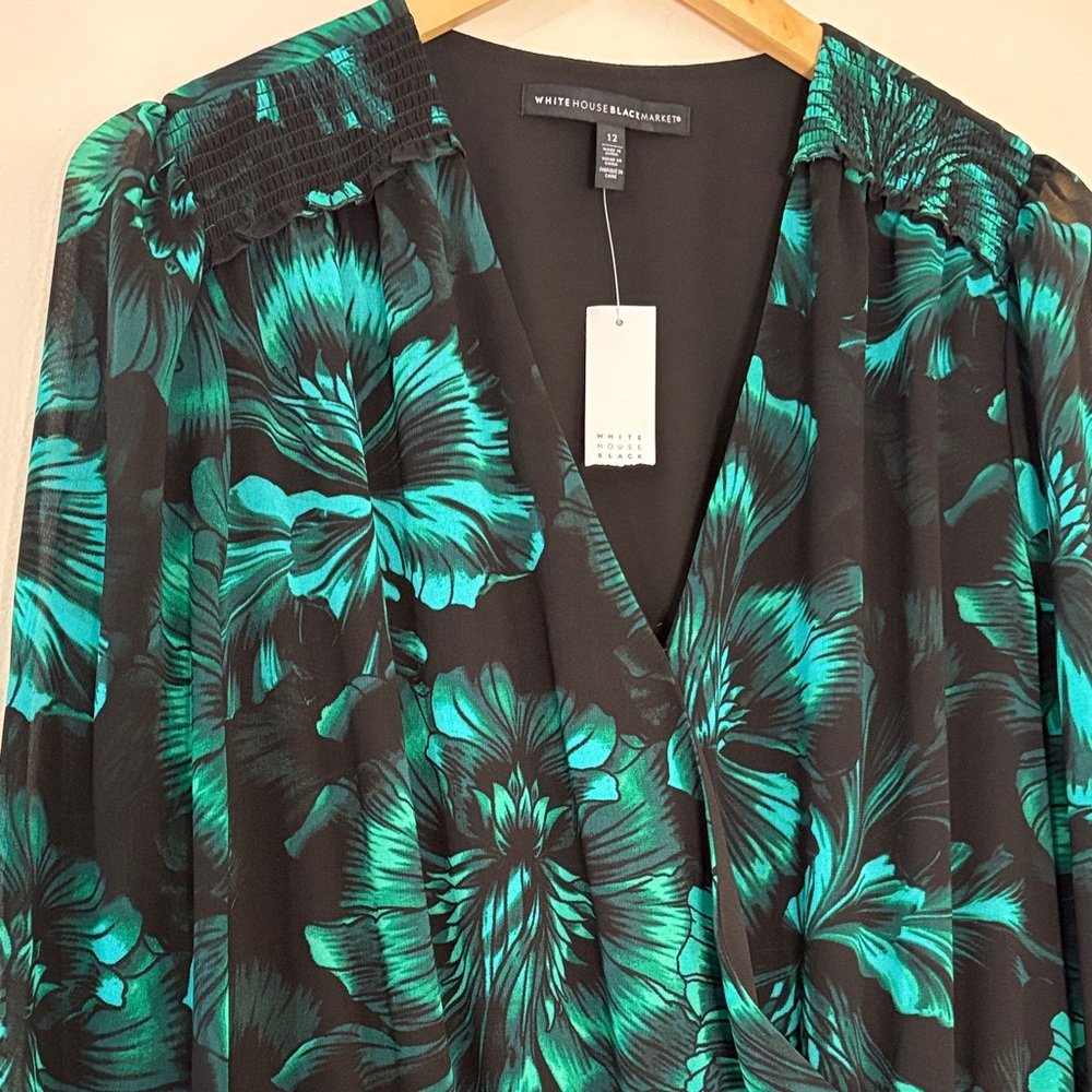 NWT WHBM White House Black Market Dress Emerald Green Floral Sheer Sleeve Sz 12 - Picture 3 of 13
